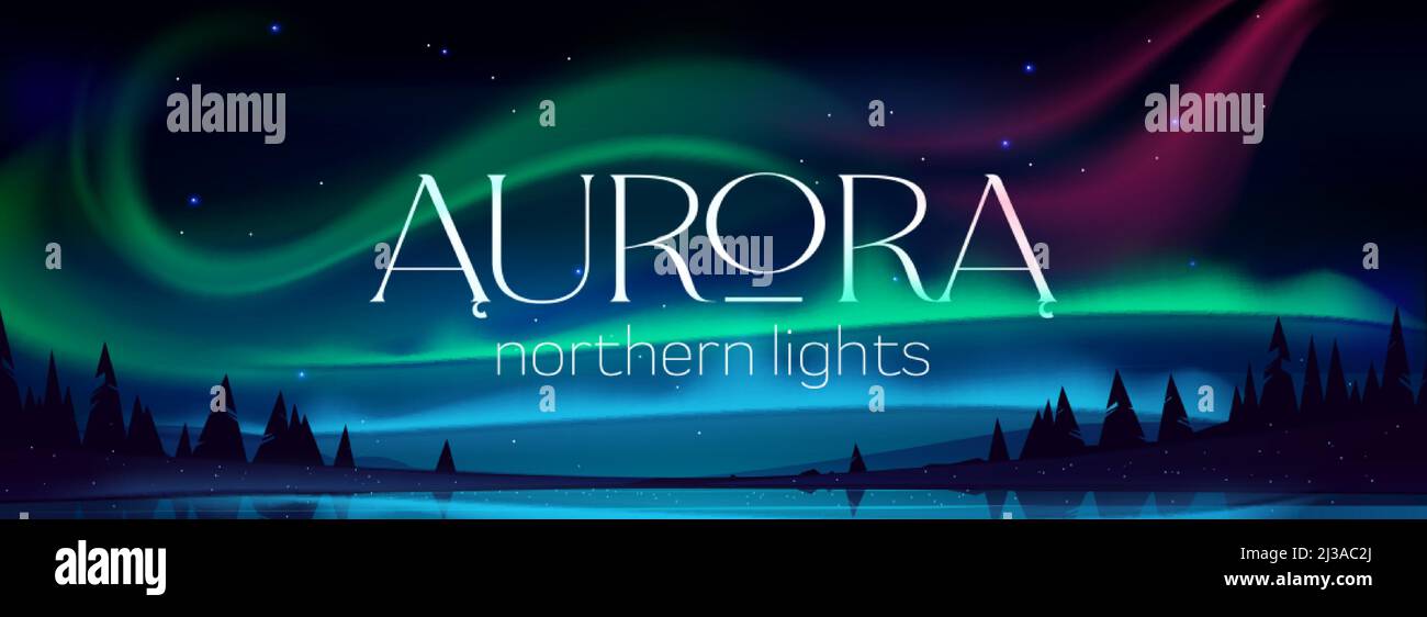 Aurora borealis poster, northern lights in arctic night sky with stars. Vector banner with cartoon winter landscape with lake, silhouettes of trees an Stock Vector