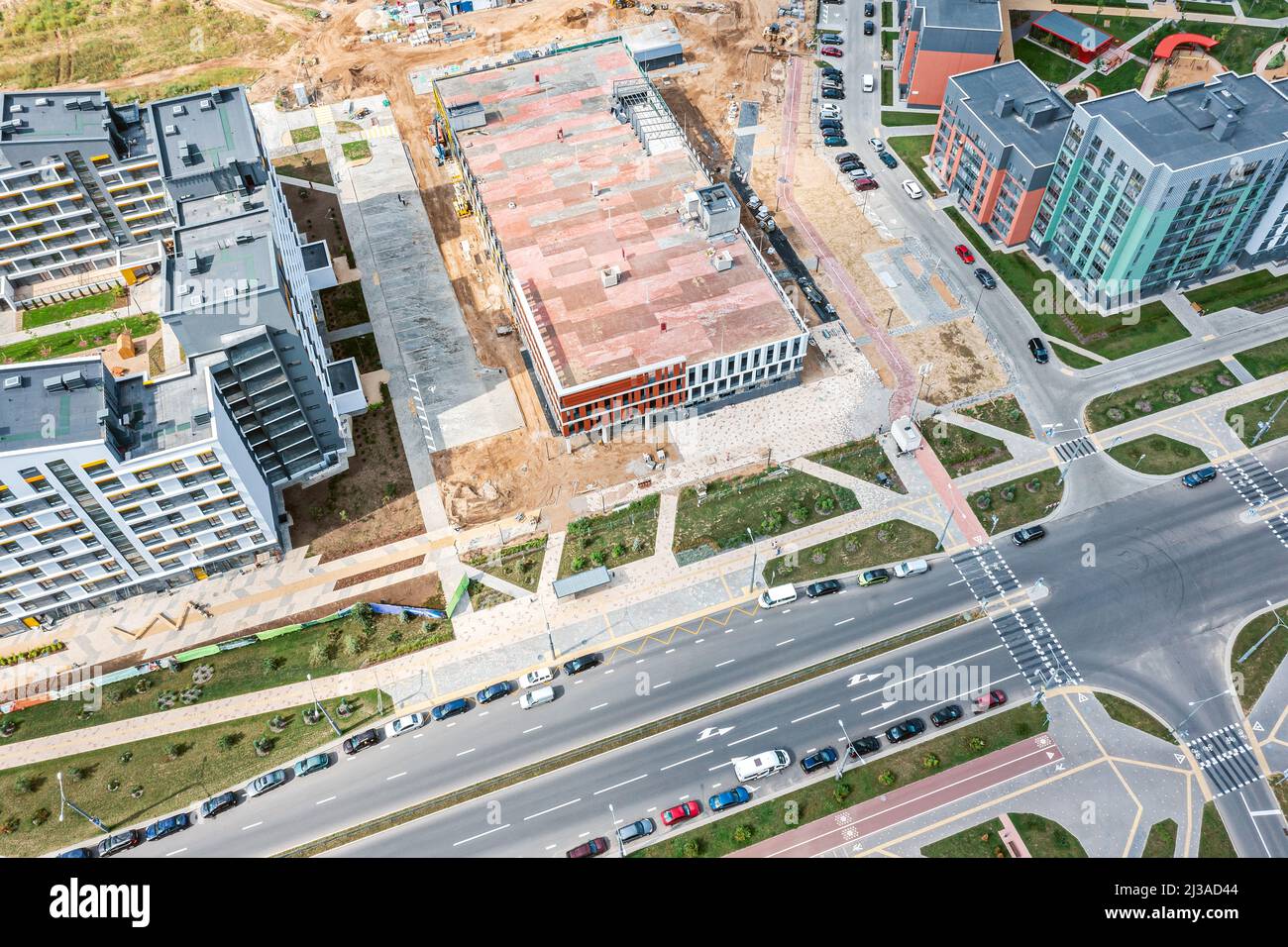 aerial view of residential district. new multilevel parking garage under construction. Stock Photo