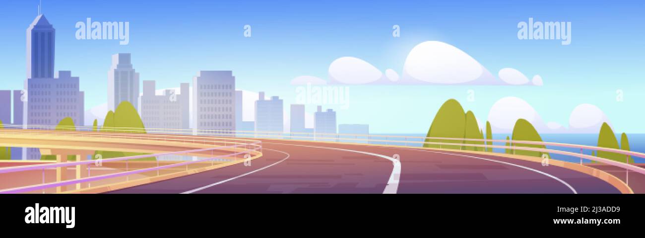 Overpass highway, empty road to city with skyscraper buildings and modern houses over sea landscape. Two-lane asphalted way, urban cityscape, town sky Stock Vector