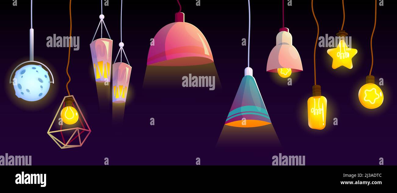 Ceiling lamps, glowing electric bulbs, incandescent modern lightbulbs of different shapes and design hanging from above. Light equipment isolated on b Stock Vector