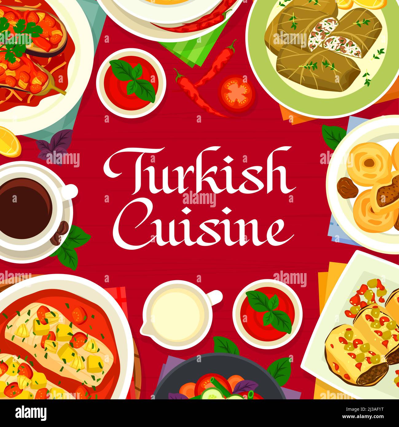 Turkish cuisine menu cover vector vegetable salad, baked fish in tomato sauce and red lentil bulgur soup. Data fruit dessert, stuffed eggplant, cabbage rolls, eggplant rolls with meat or Turkey coffee Stock Vector