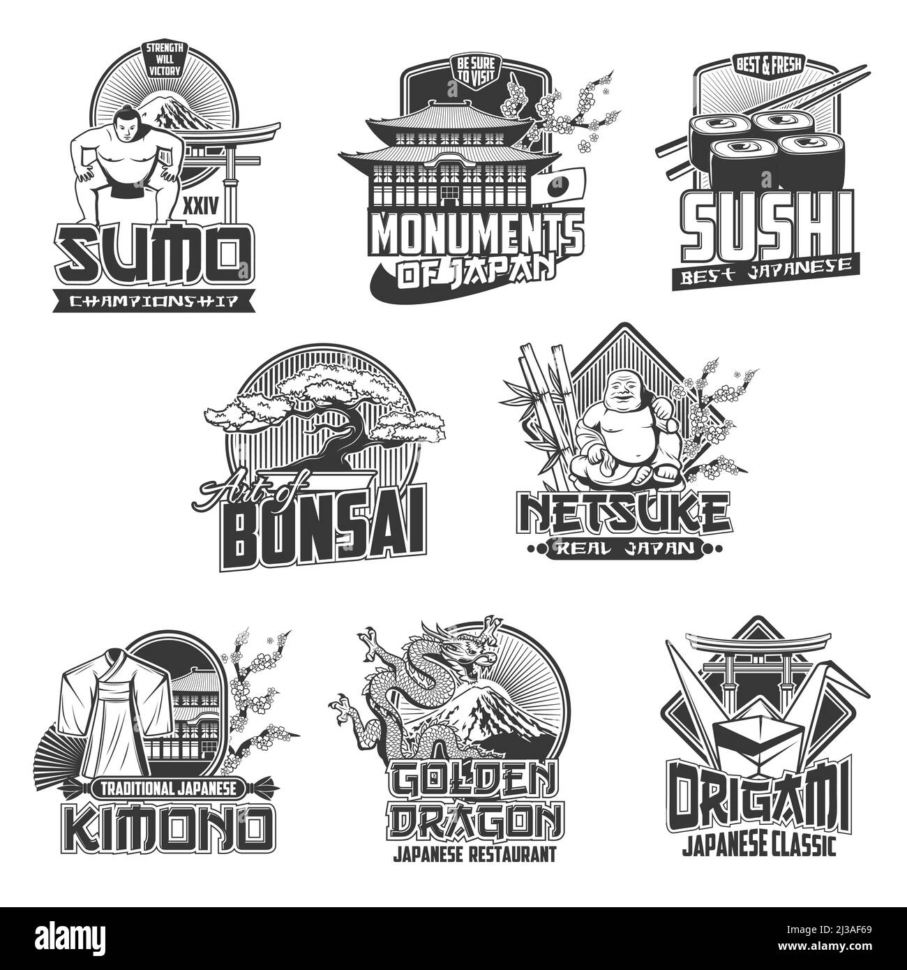 Japan travel vector icons, japanese culture, tourism, traditions and landmarks. Sumo championship, monuments, restaurant and kimono with bonsai and origami classic arts isolated monochrome emblems set Stock Vector