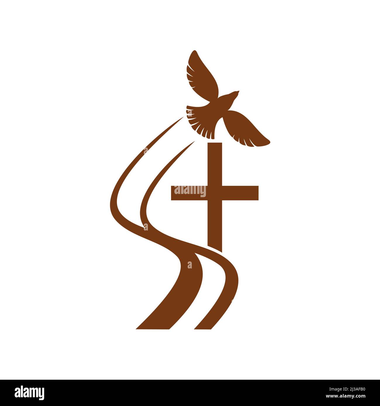 Christianity religion vector icon dove flying above cross. Christian catholic crucifix and pigeon hand drawn brown symbol, faith and religious theme e Stock Vector