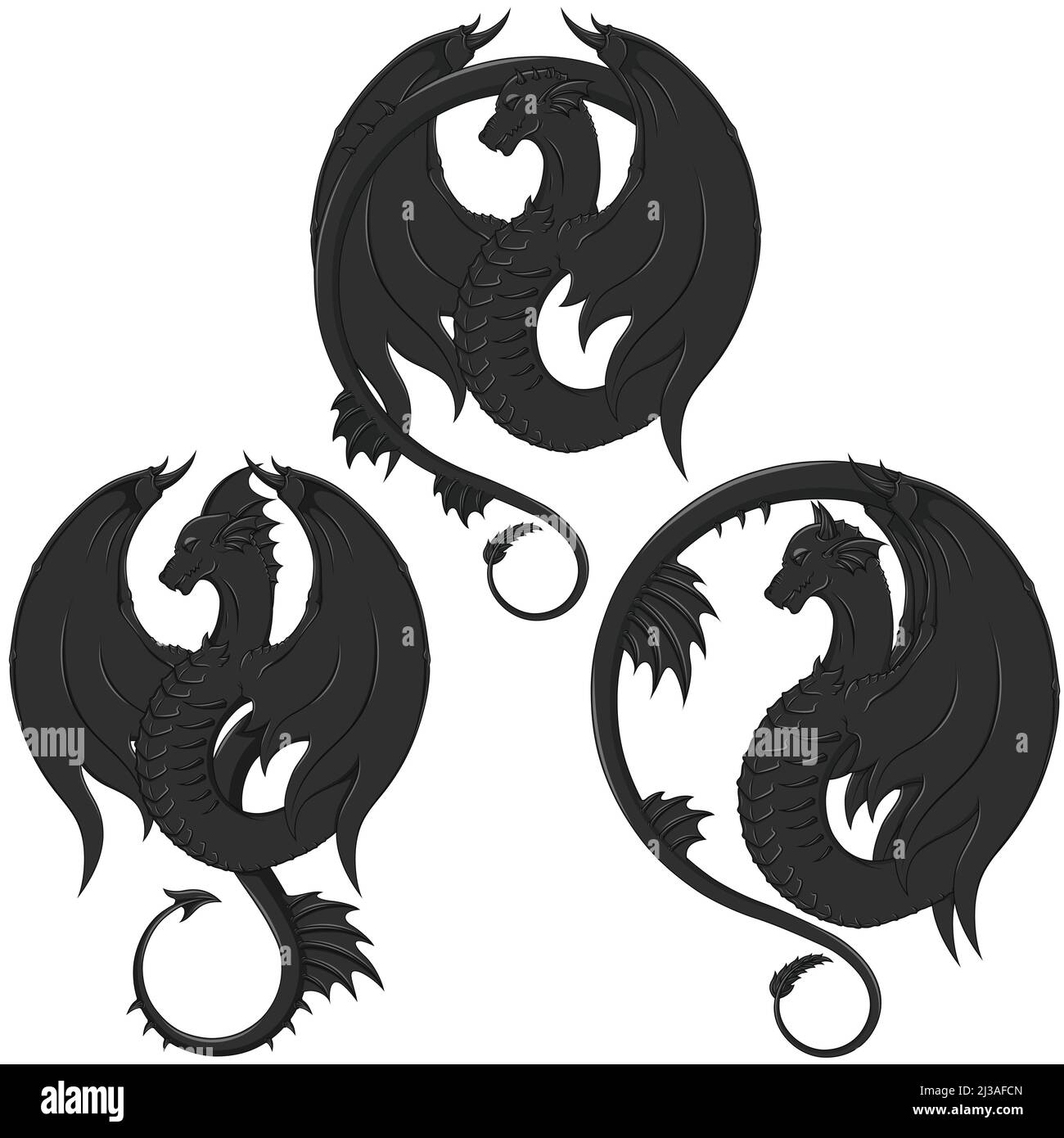 Three sided dragon vector design, greyscale winged dragons, white background Stock Vector