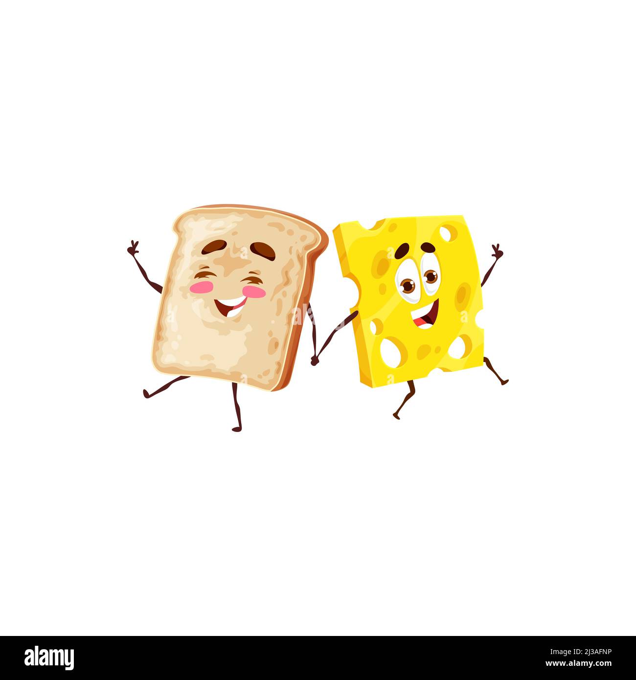 Cartoon toast bread and cheese characters, funny food friends. Bread and cheese  sandwich cute vector personages holding by hands and laughing together,  happy food and snacks Stock Vector Image & Art -