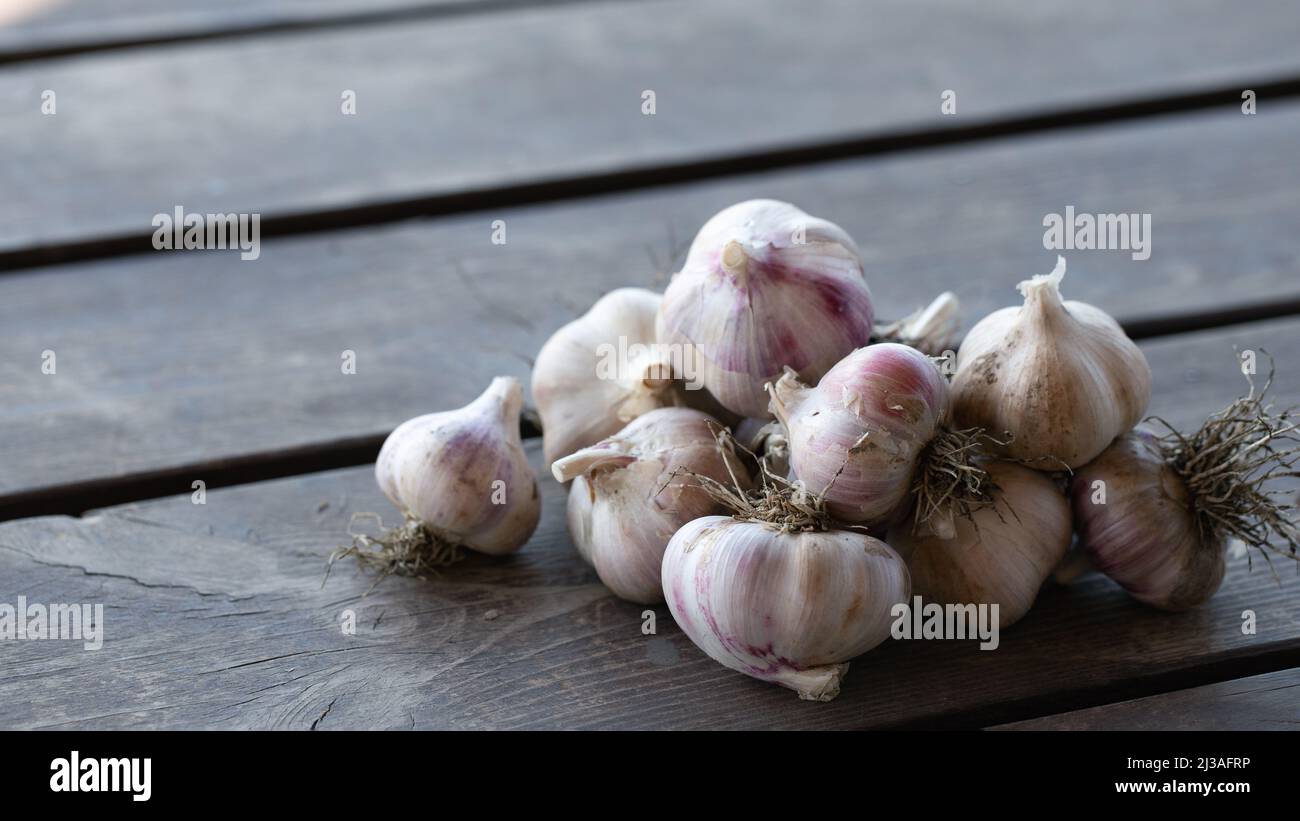 pile of organic garlic cloves on wooden plank background Stock Photo ...