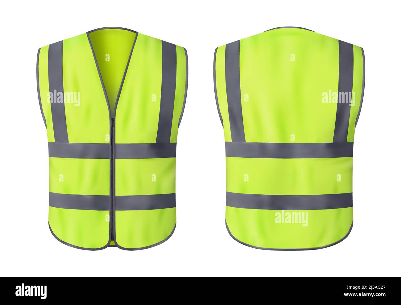 Safety vest jacket, isolated security, traffic and worker uniform wear.  Vector fluorescent green waistcoat realistic 3d mockup with reflective  stripes and zip, personal protective clothing Stock Vector Image & Art -  Alamy