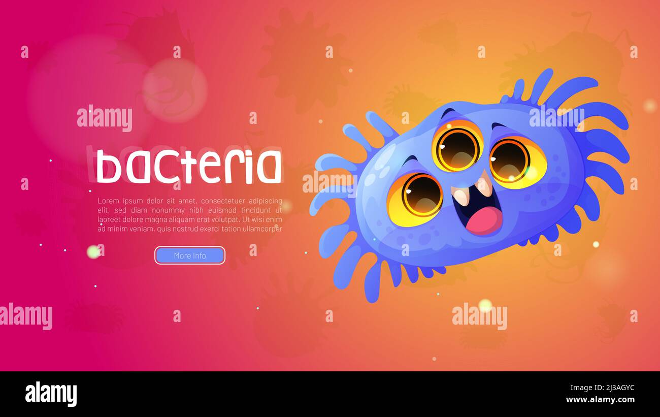 Bacteria cartoon web banner with funny blue microbe or virus character. Cute cell, cheerful germ with three eyes on smiling face and flagella. Pathogen microbe, micro organism Vector illustration Stock Vector