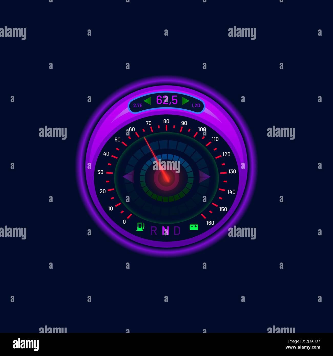 Futuristic car speedometer or gauge dial, neon LED speed meter, vector