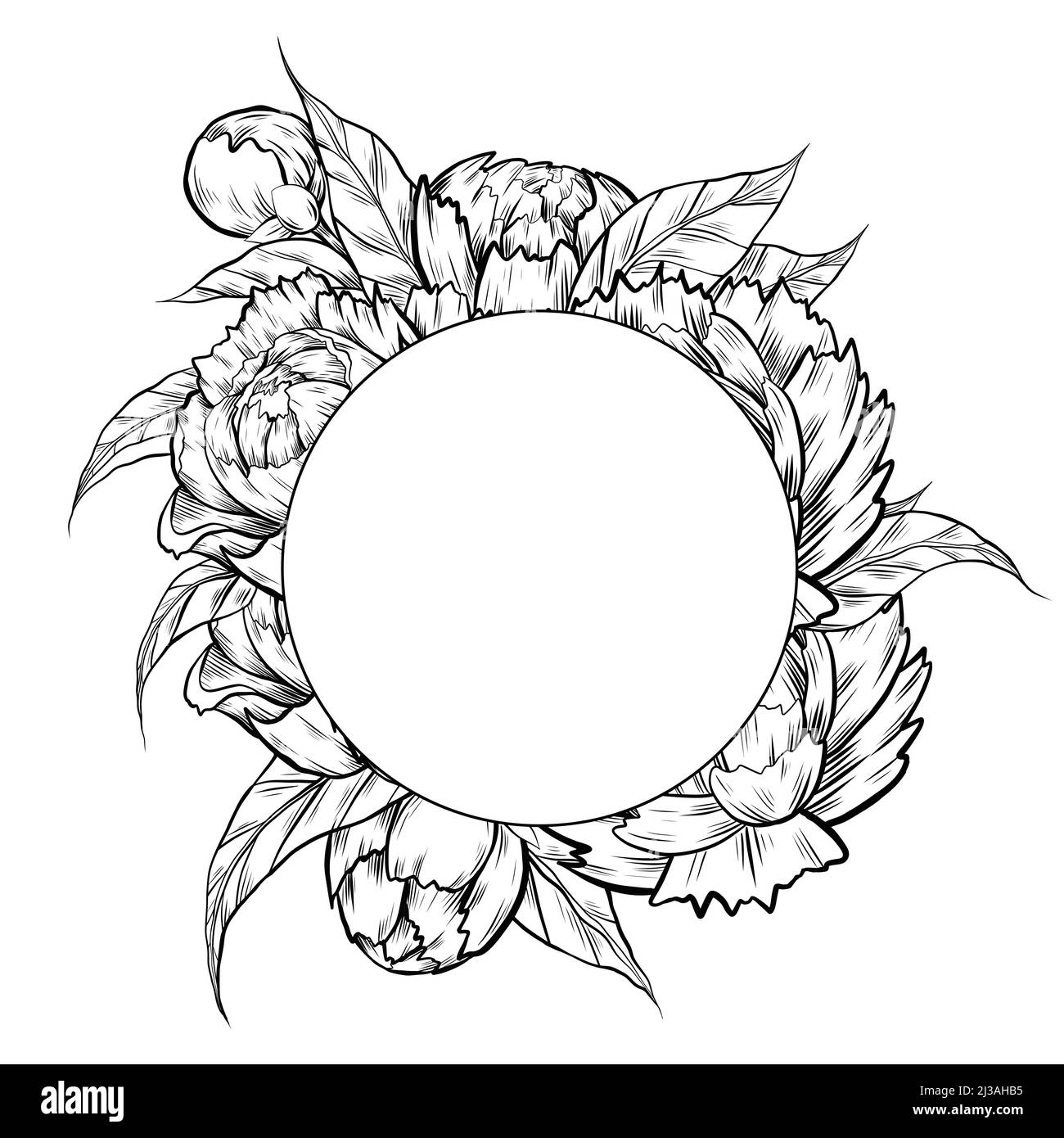 Vector round frame with sketch peony flowers with foliage, hatching and copy space. Contour natural circle border with floral bouquet Stock Vector