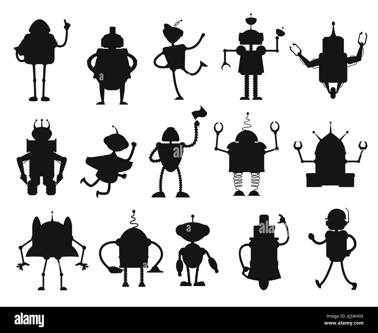 Robots and droids silhouettes of artificial intelligence toys. Isolated vector black robots, bots, droids and cyborgs with antennas on heads, spring legs, wheels and manipulator arms, AI technologies Stock Vector