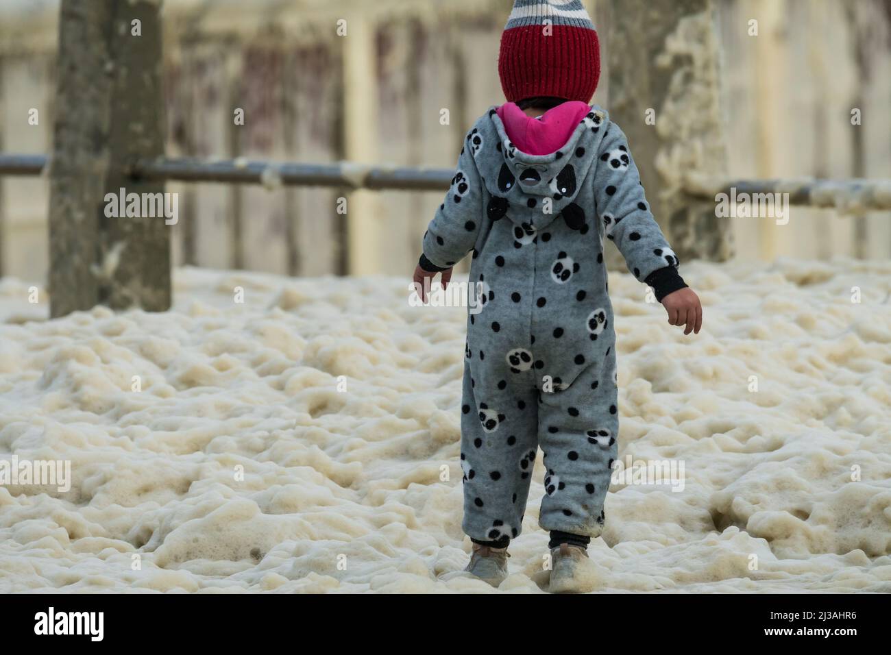 little child or kid standing in a carpet of sea foam or spume during a coastal Winter storm in Cape Town, South Africa Stock Photo