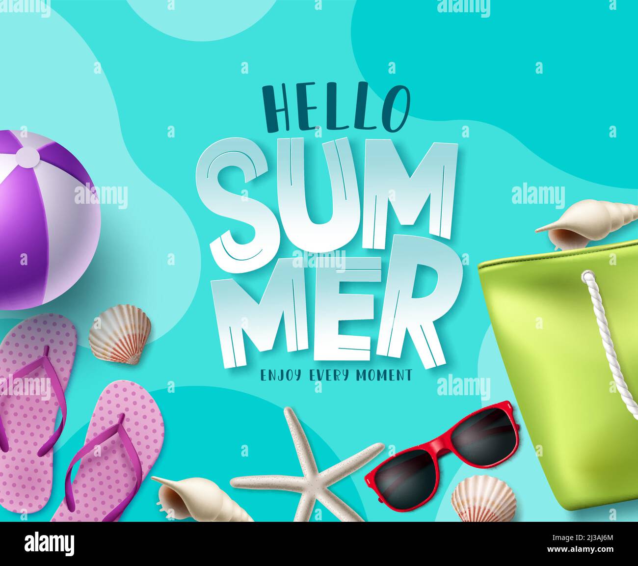 Summer vector background design. Hello summer greeting text with beach elements for tropical holiday season banner design. Vector illustration. Stock Vector