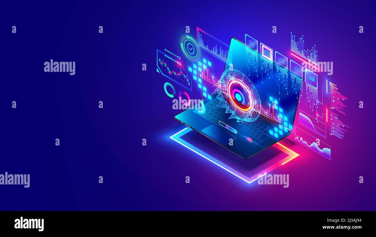 Technology of computer data analysis concept. Analytics charts on screen laptop. Finance business data charts and statistics graphs on computer Stock Vector