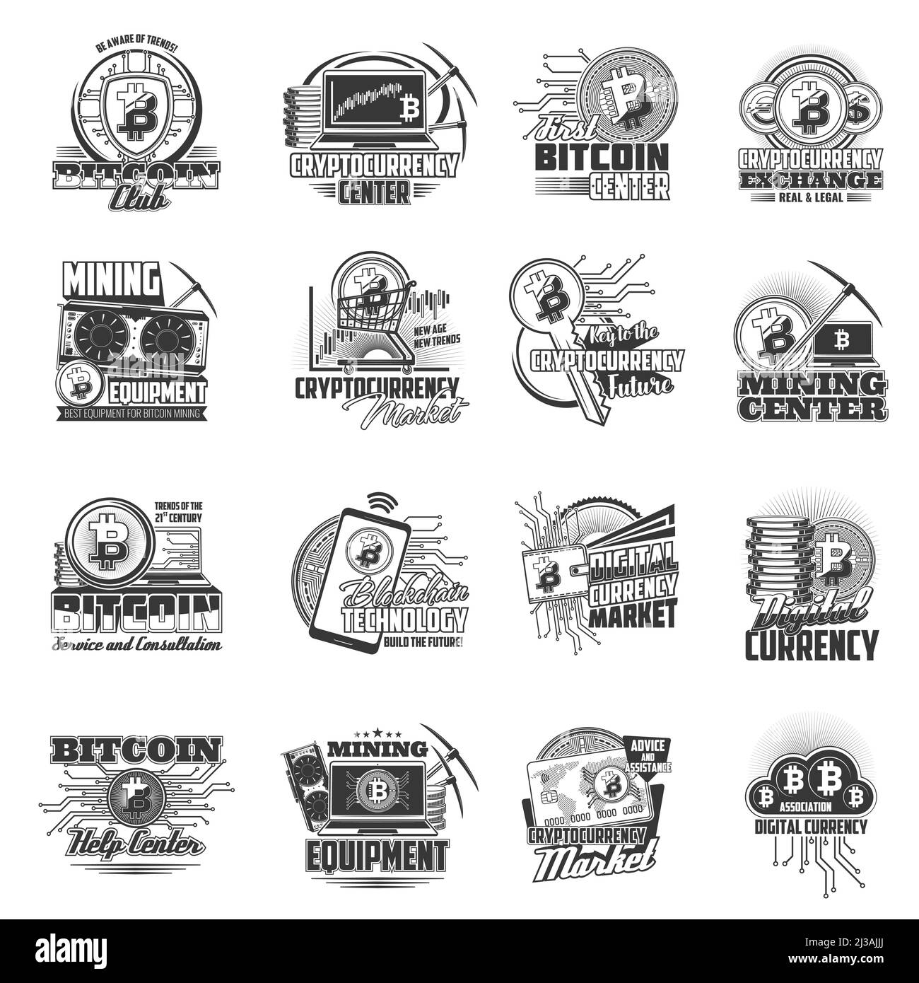 Bitcoin cryptocurrency mining and blockchain isolated vector icons. Crypto  currency, digital money wallet and coin, payment transaction network  technology, computer, mobile phone and data cloud signs Stock Vector Image  & Art -