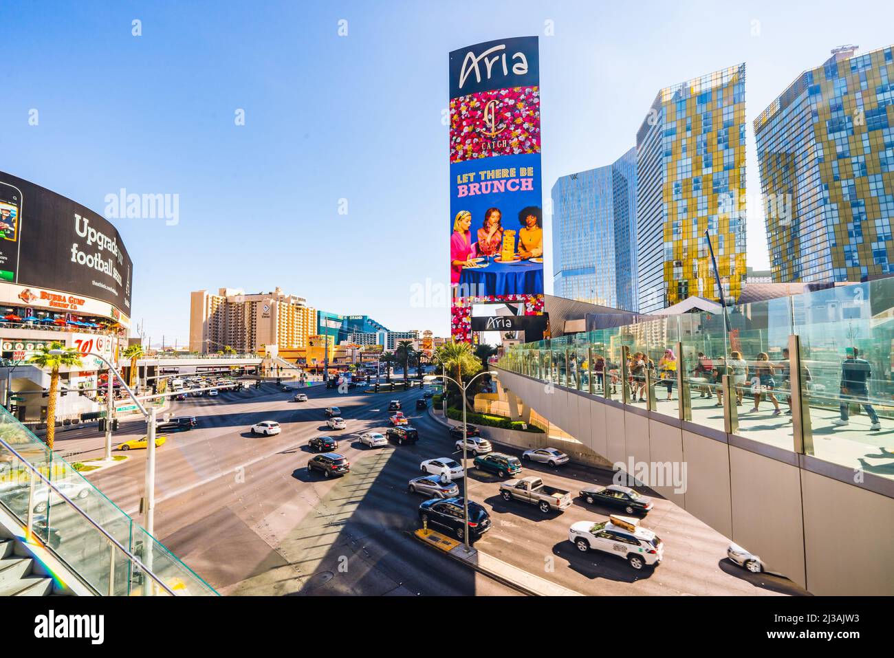 Las Vegas, Nevada, USA - October 1, 2021   Downtown Las Vegas. Modern residential buildings, Hotels and Casino. Street view, traffic, city life Stock Photo
