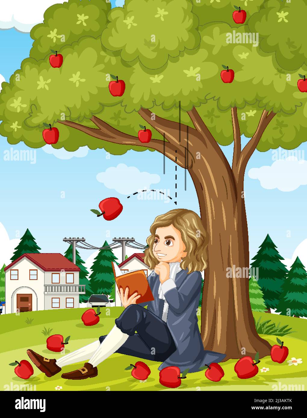 Isaac Newton sitting under apple tree illustration Stock Vector