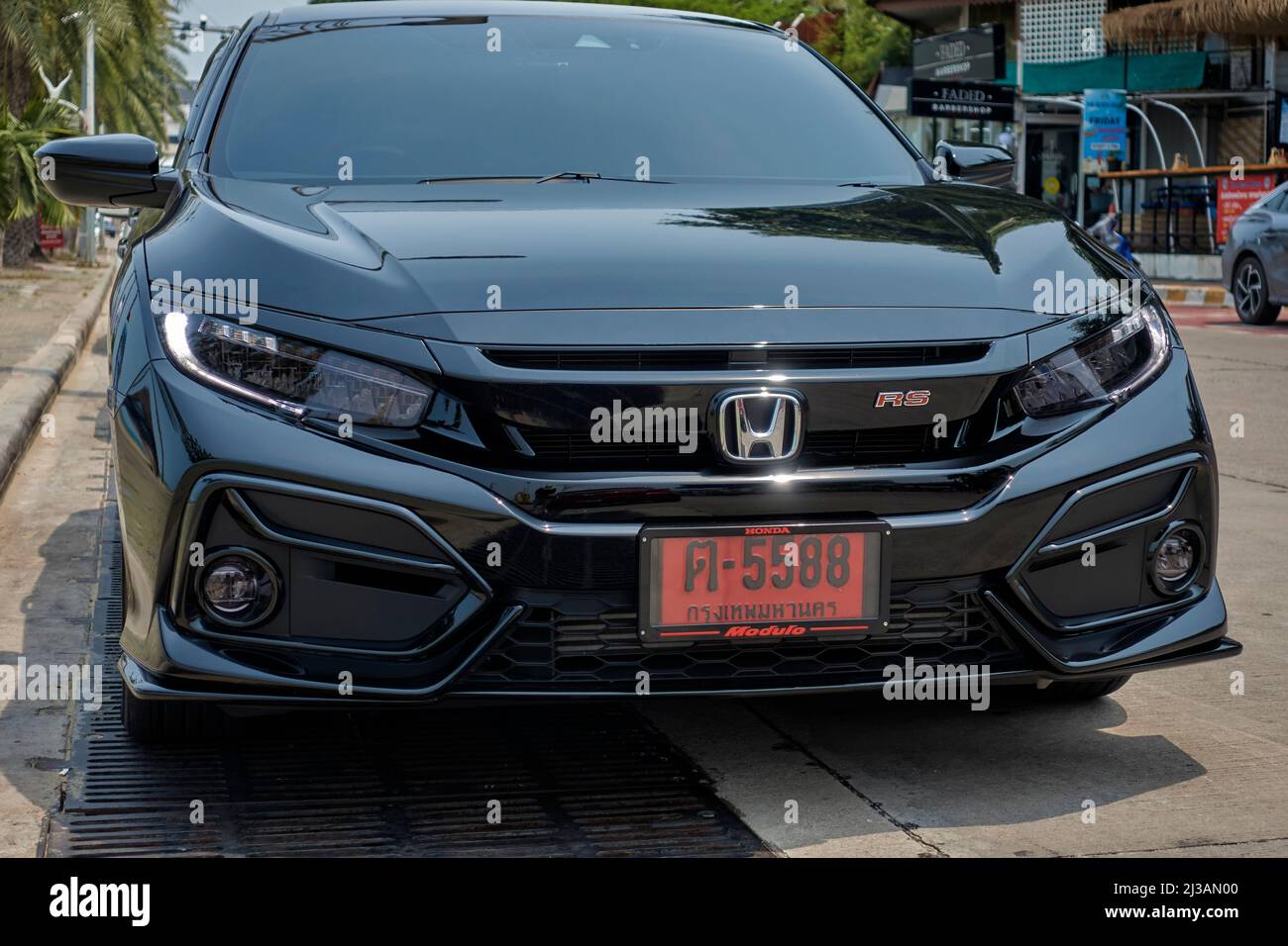 Honda Civic RS car in black with red license plates denoting new vehicle under Thai law. Thailand Southeast Asia Stock Photo
