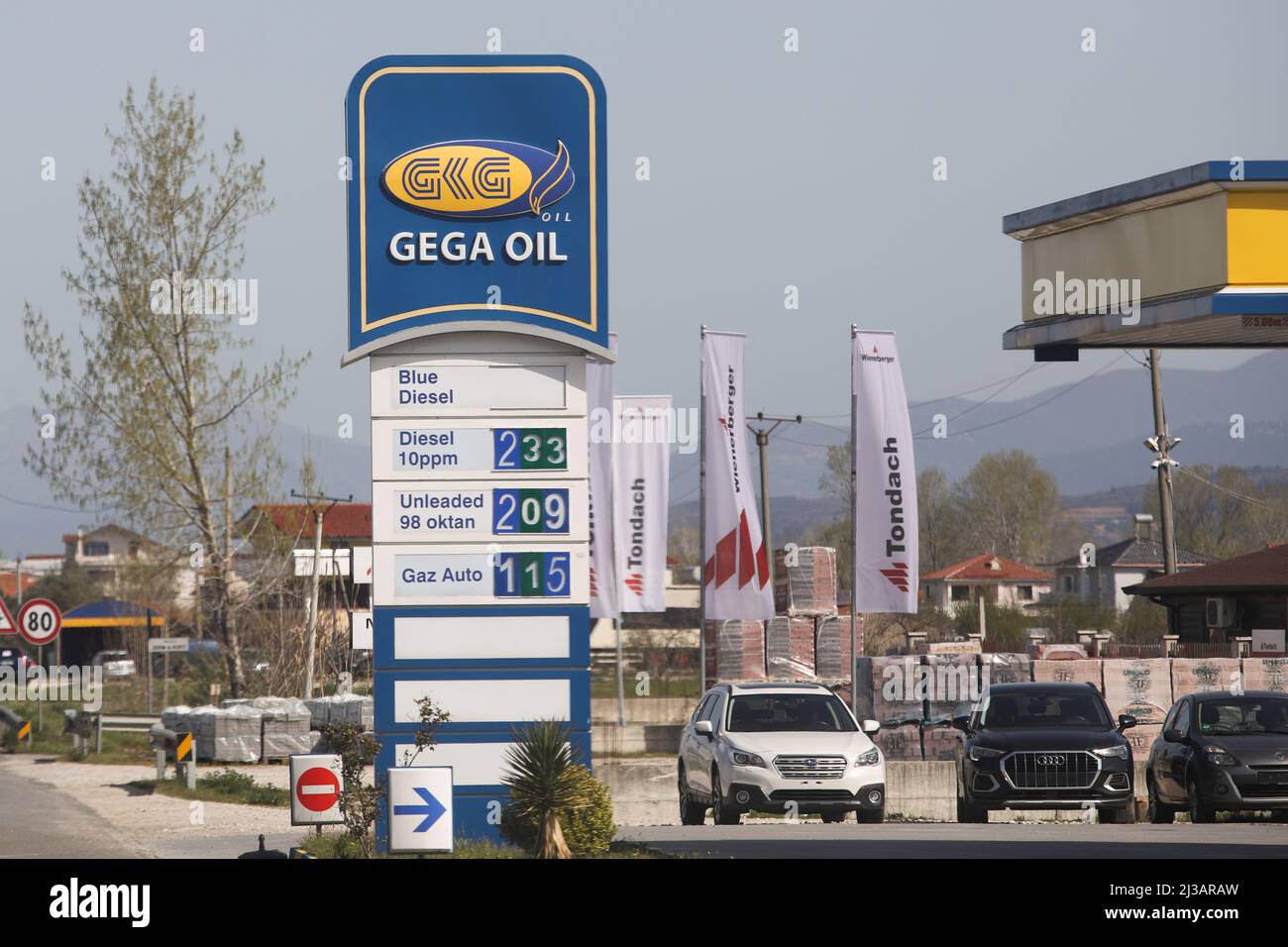 Tirana, Albania. 6th Apr, 2022. Fuel prices are pictured in Tirana