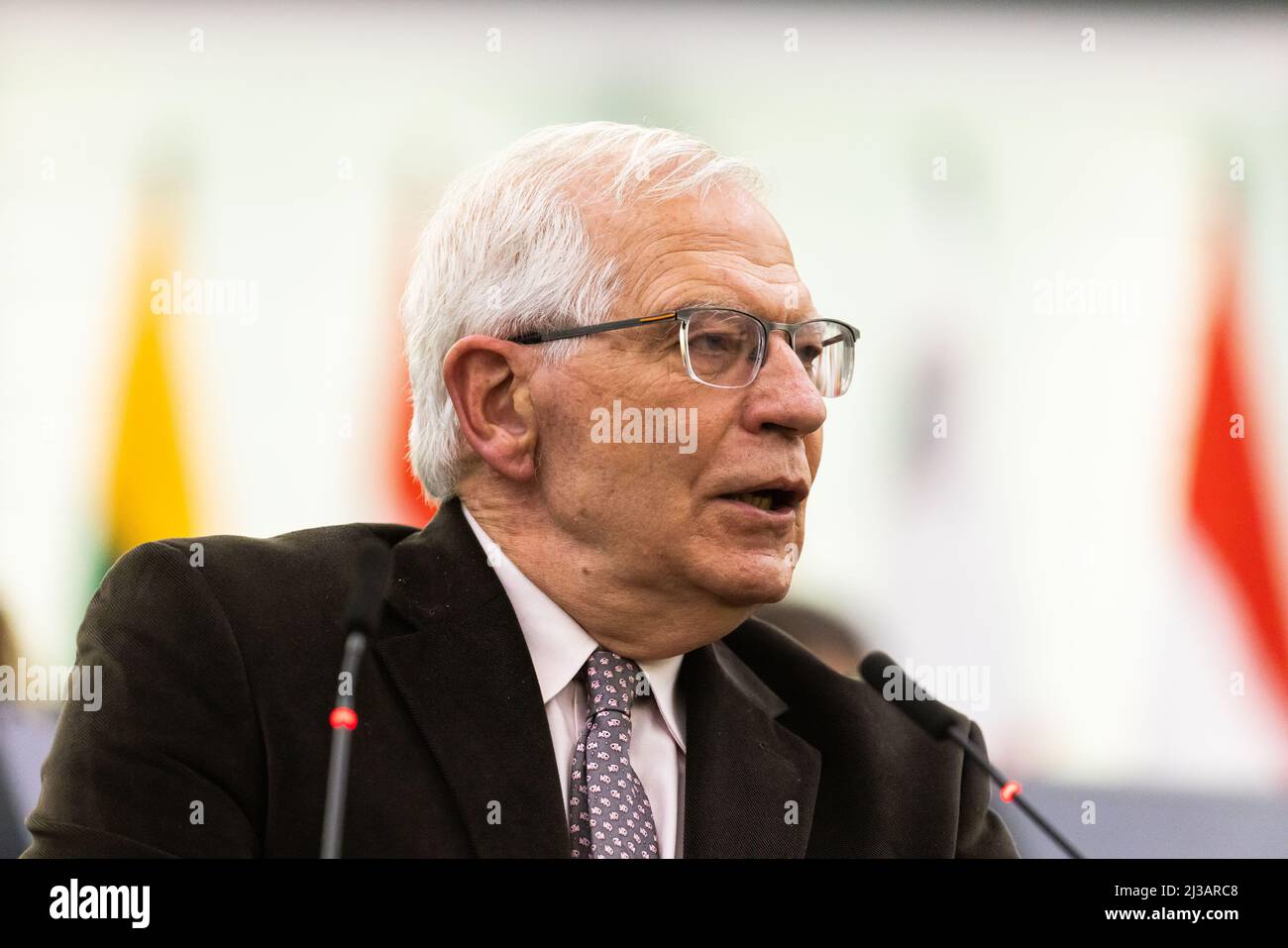 06 April 2022, France, Straßburg: Josep Borrell (PSC), EU High  Representative for Foreign Affairs and Security Policy and Vice President  of the European Commission, speaks at the plenary session of the European