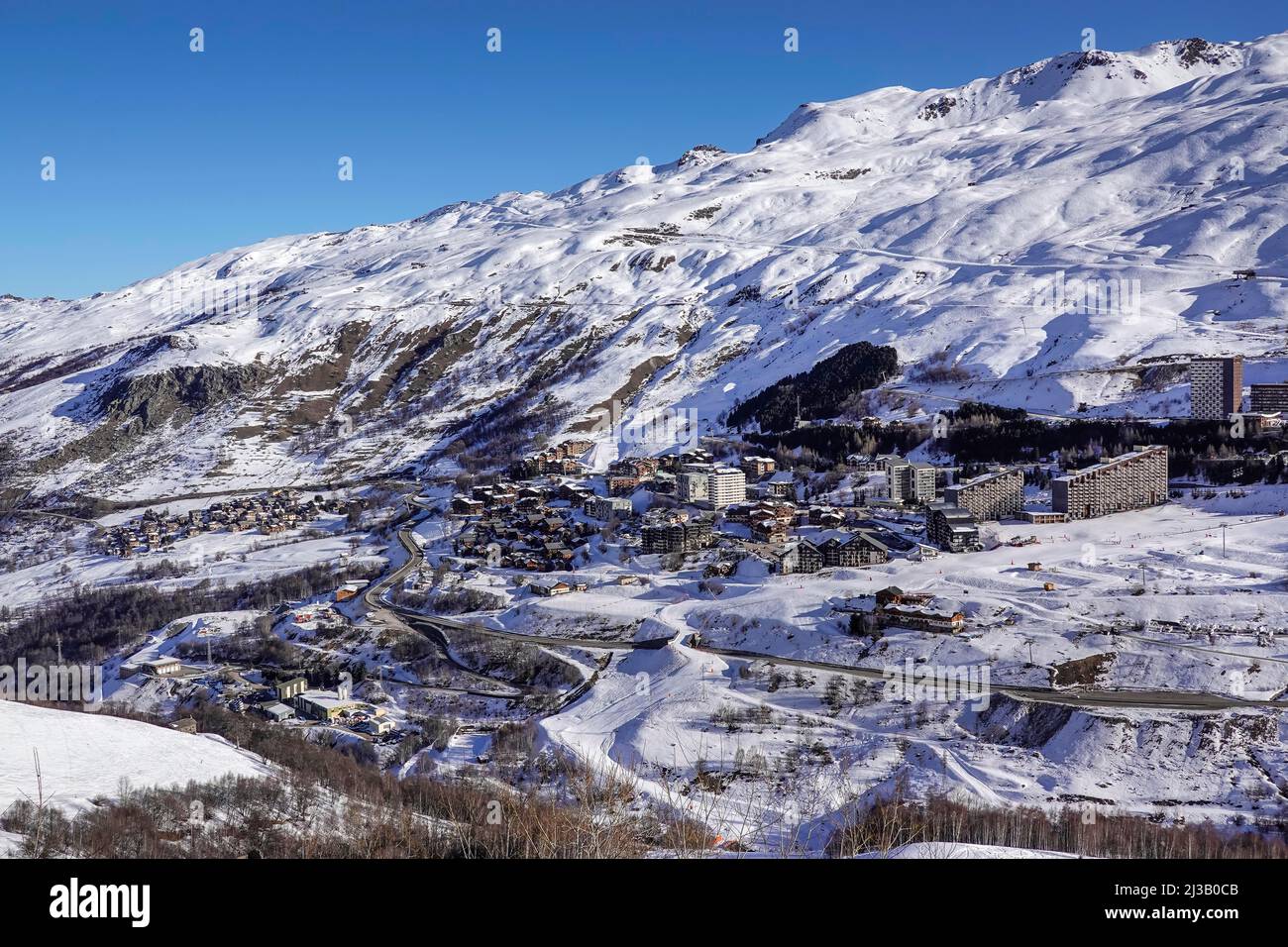Mountain resort of Les Menuires, Vallee des Belleville, Savoie department, France Stock Photo