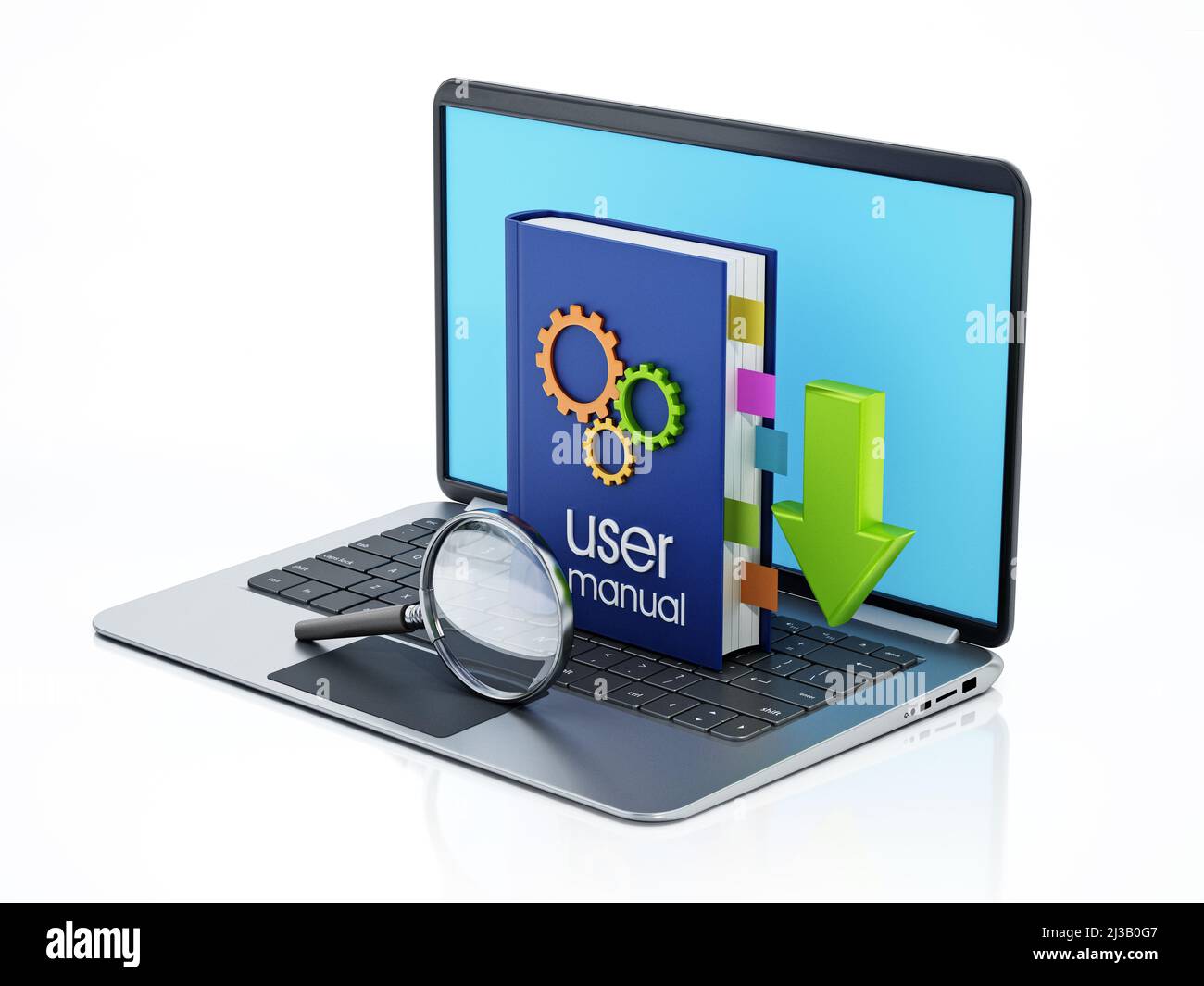 User manual, download icon and magnifying glass isolated on white background. 3D illustration. Stock Photo