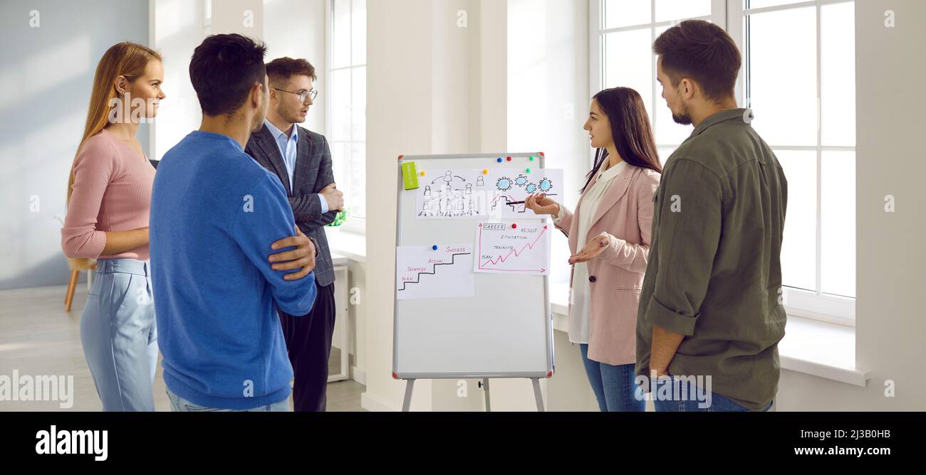 Group of young men and women using an office whiteboard during a business meeting Stock Photo
