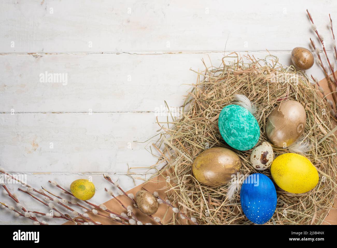 easter flat -lay eggs, with space for design Stock Photo - Alamy