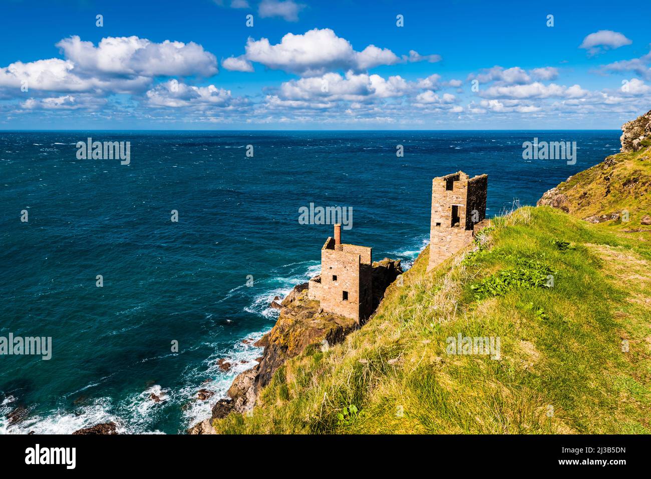 Looking down the cliffs to The Crowns engine houses at Botallack Mine, Cape Cornwall, near Penzance, Cornwall, UK Stock Photo