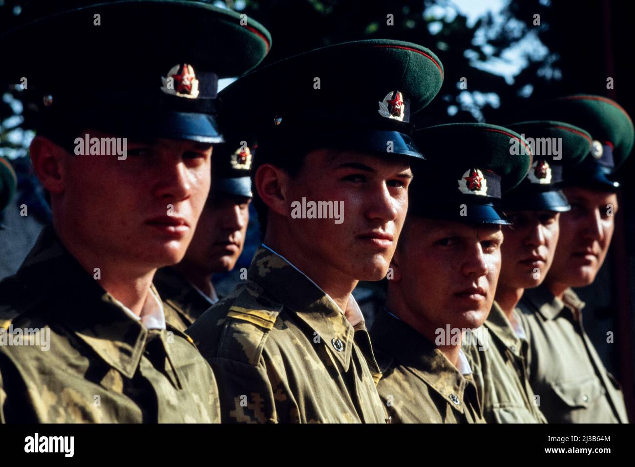 1990 KGB border guards on parade in Gursfuv, the Crimea, USSR, August 1990 Stock Photo