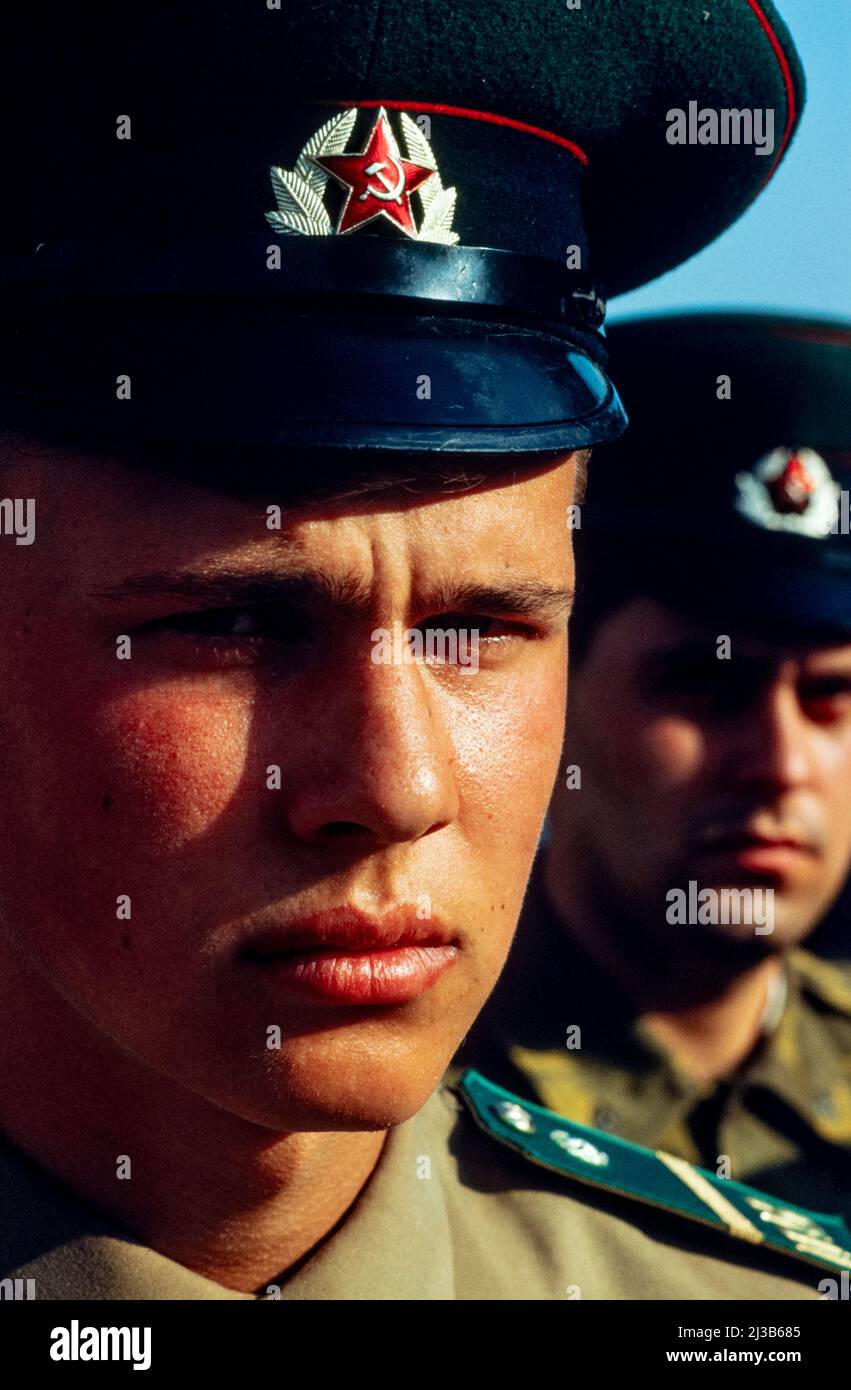 1990 KGB border guards on parade in Gursfuv, the Crimea, USSR, August