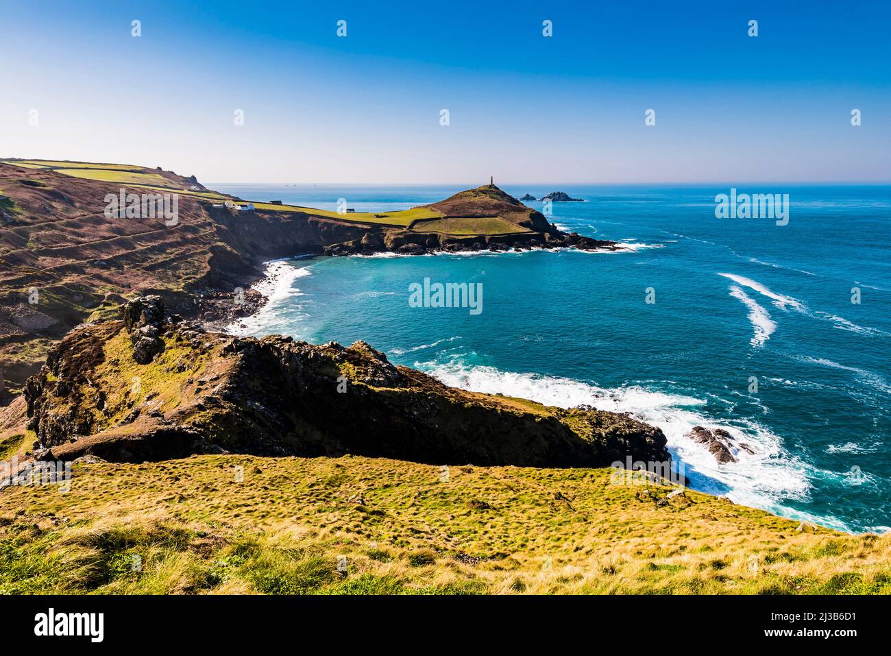 View across Porth Ledden to Cape Cornwall and The Brisons rocks, near Penzance, Cornwall, UK Stock Photo