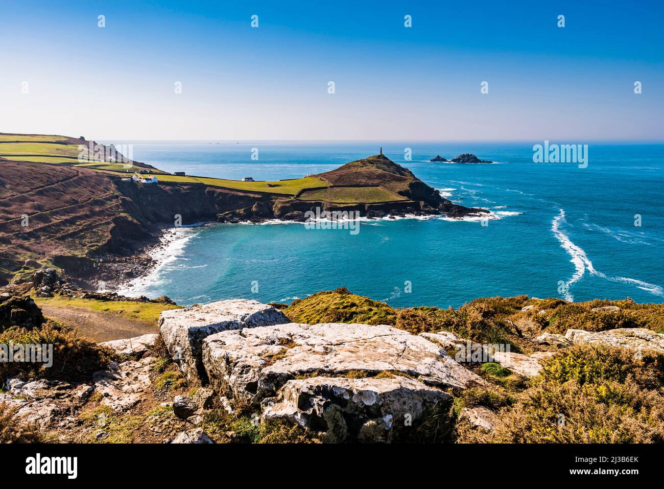 View across Porth Ledden beach to Cape Cornwall and The Brisons rocks, near Penzance, Cornwall, UK Stock Photo