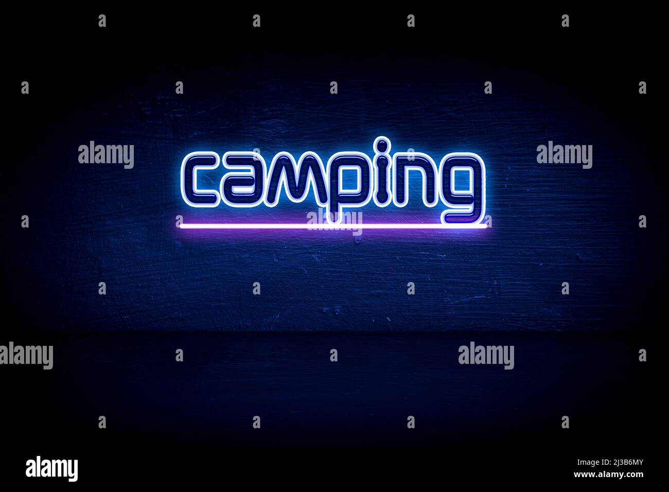 camping - blue neon announcement signboard Stock Photo - Alamy