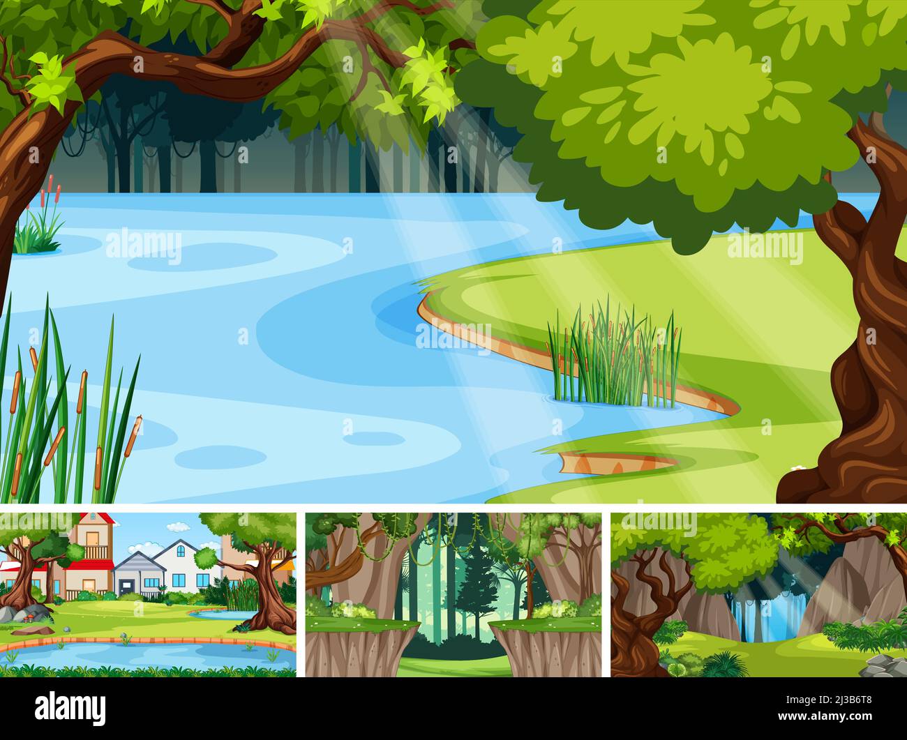 Nature scene with many trees and river illustration Stock Vector Image ...