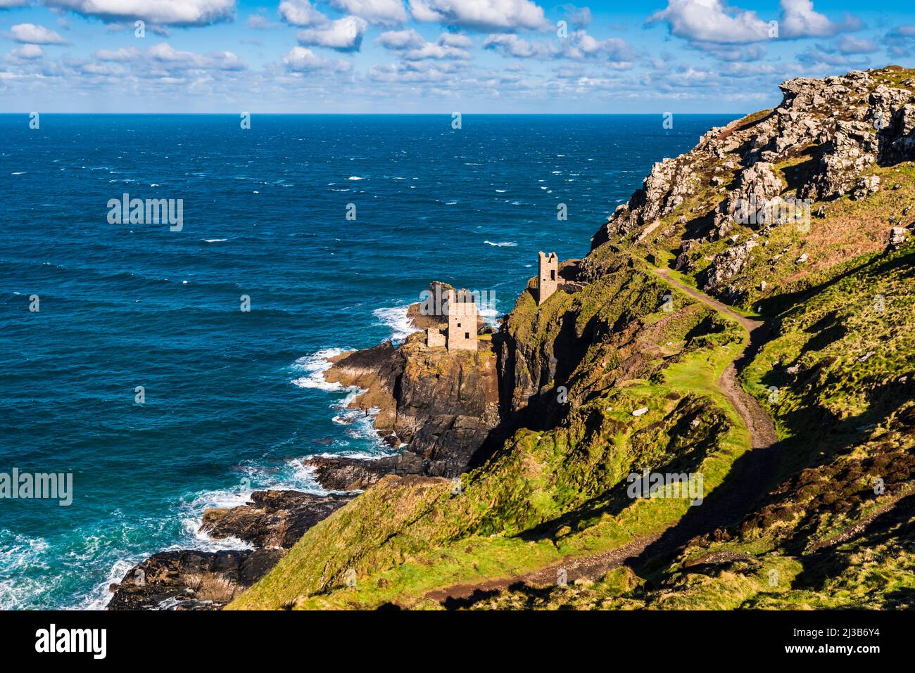 Looking across to The Crowns engine houses at Botallack Mine, Cape Cornwall, near Penzance, Cornwall, UK Stock Photo