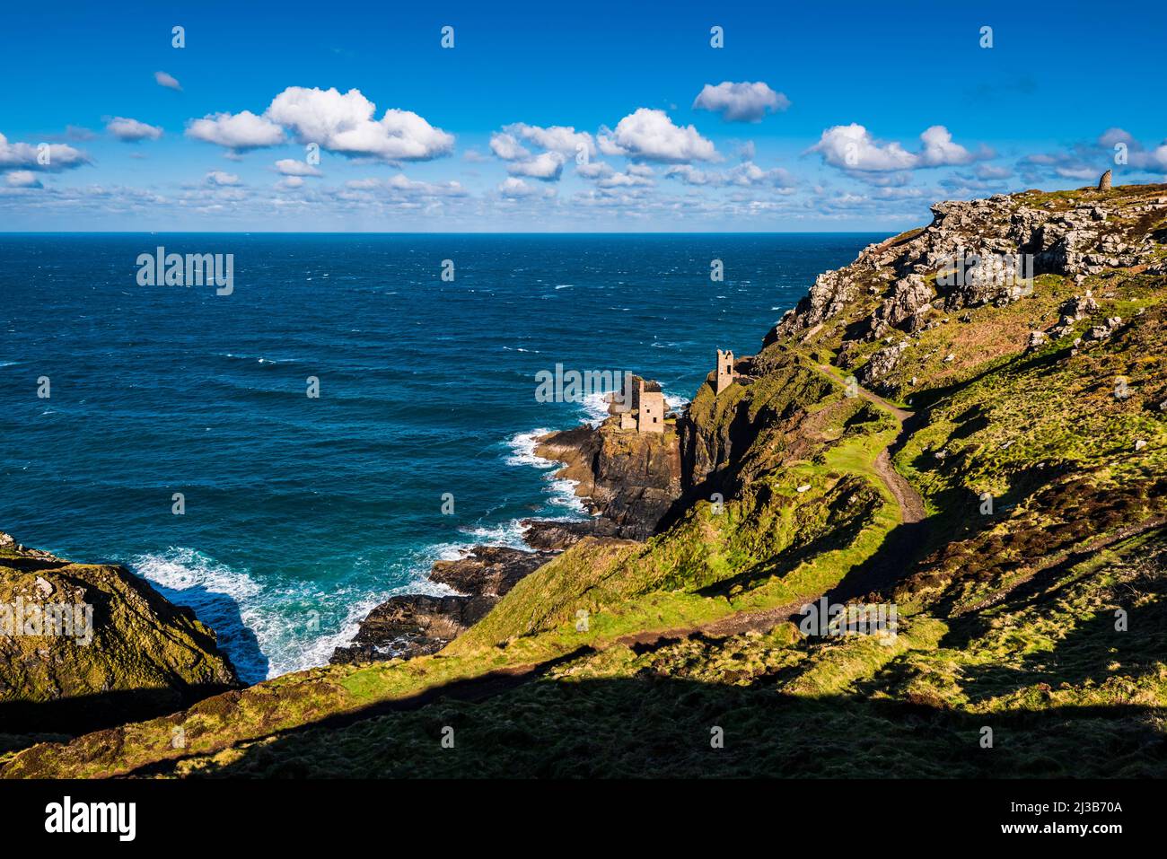 Looking down to The Crowns engine houses at Botallack Mine, Cape Cornwall, near Penzance, Cornwall, UK Stock Photo