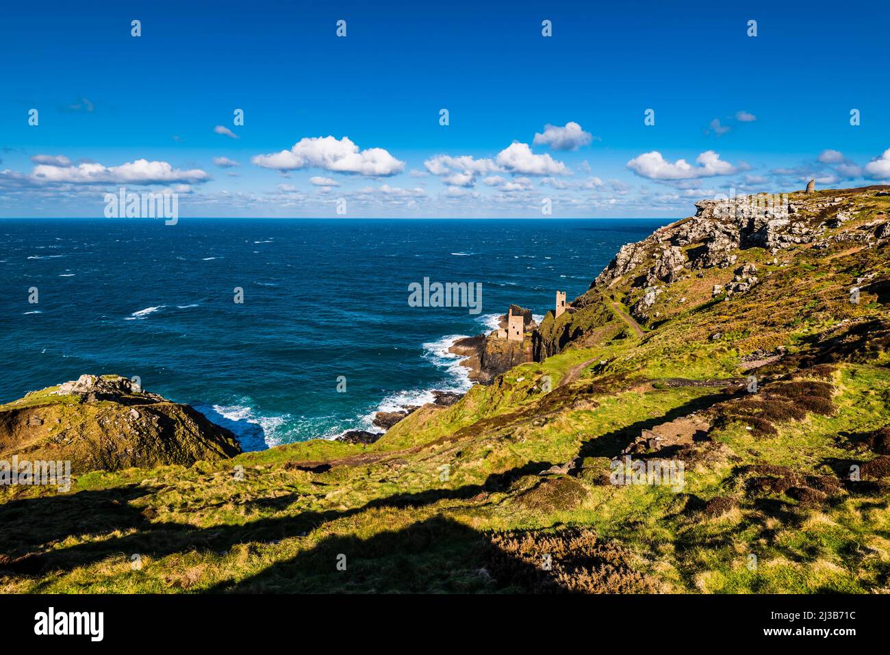 View down to The Crowns engine houses at Botallack Mine, Cape Cornwall, near Penzance, Cornwall, UK Stock Photo