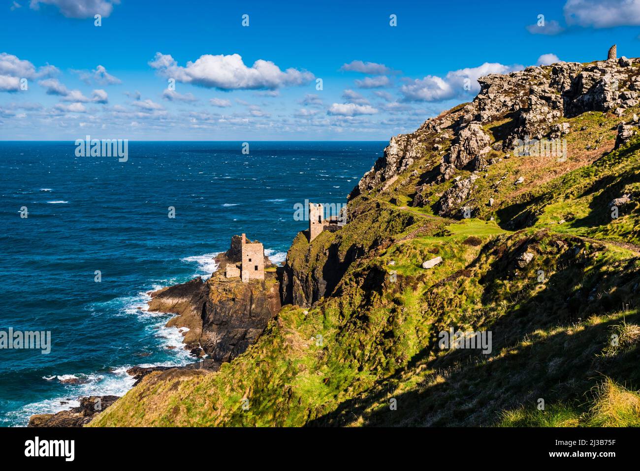 View down to the sea and The Crowns engine houses at Botallack Mine, Cape Cornwall, near Penzance, Cornwall, UK Stock Photo