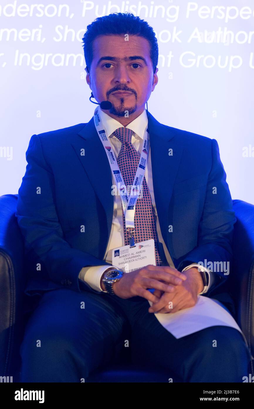 05 April 2022. London, UK.HE Ahmed bin Rakkad Al Ameri, Chairman of the Sharjah Book Authority (SBA) takes part in a talk at The London Book Fair held at Olympia venue. Photo by Ray Tang. Stock Photo