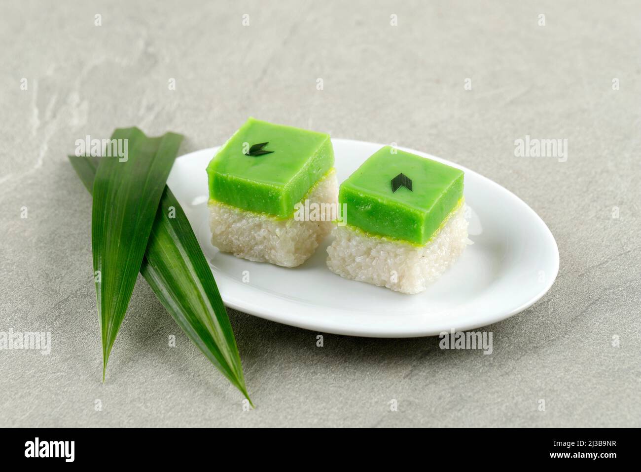 Seri Muka Kuih also known as the Pandan Custard Cake. Copy Space for Text Stock Photo