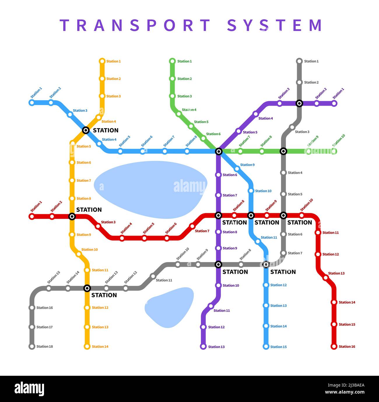 City subway, metro or underground vector map. Urban railway station lines  transport system, color coded scheme or transit map of train tube routes,  subway tunnels network and station location Stock Vector Image