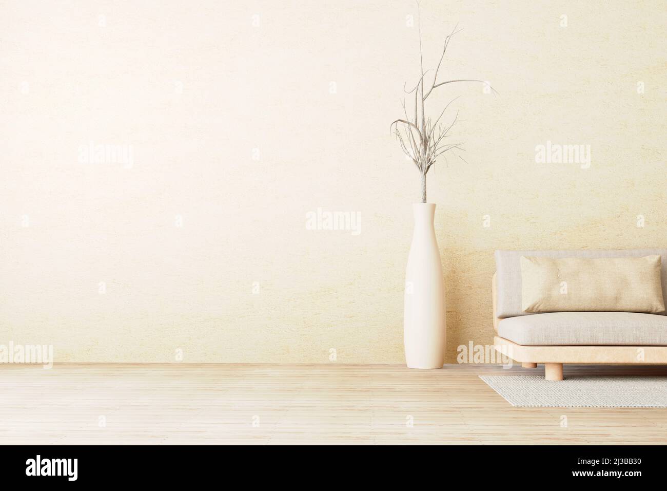 Interior wall mockup in warm neutrals with low sofa, beige pillow and dried plant on ceramic pot in style living room with empty concrete wall backgro Stock Photo