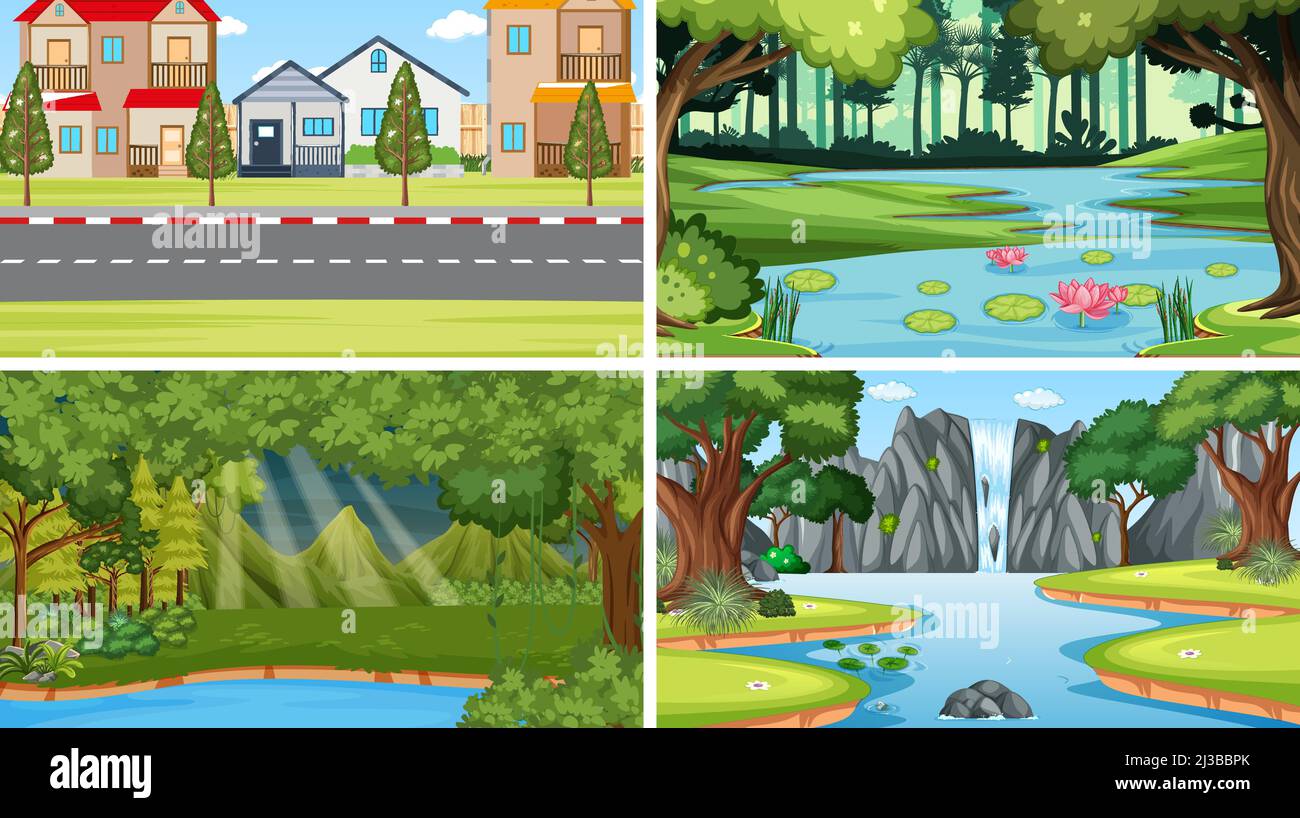 Nature scene with many trees and river illustration Stock Vector Image ...