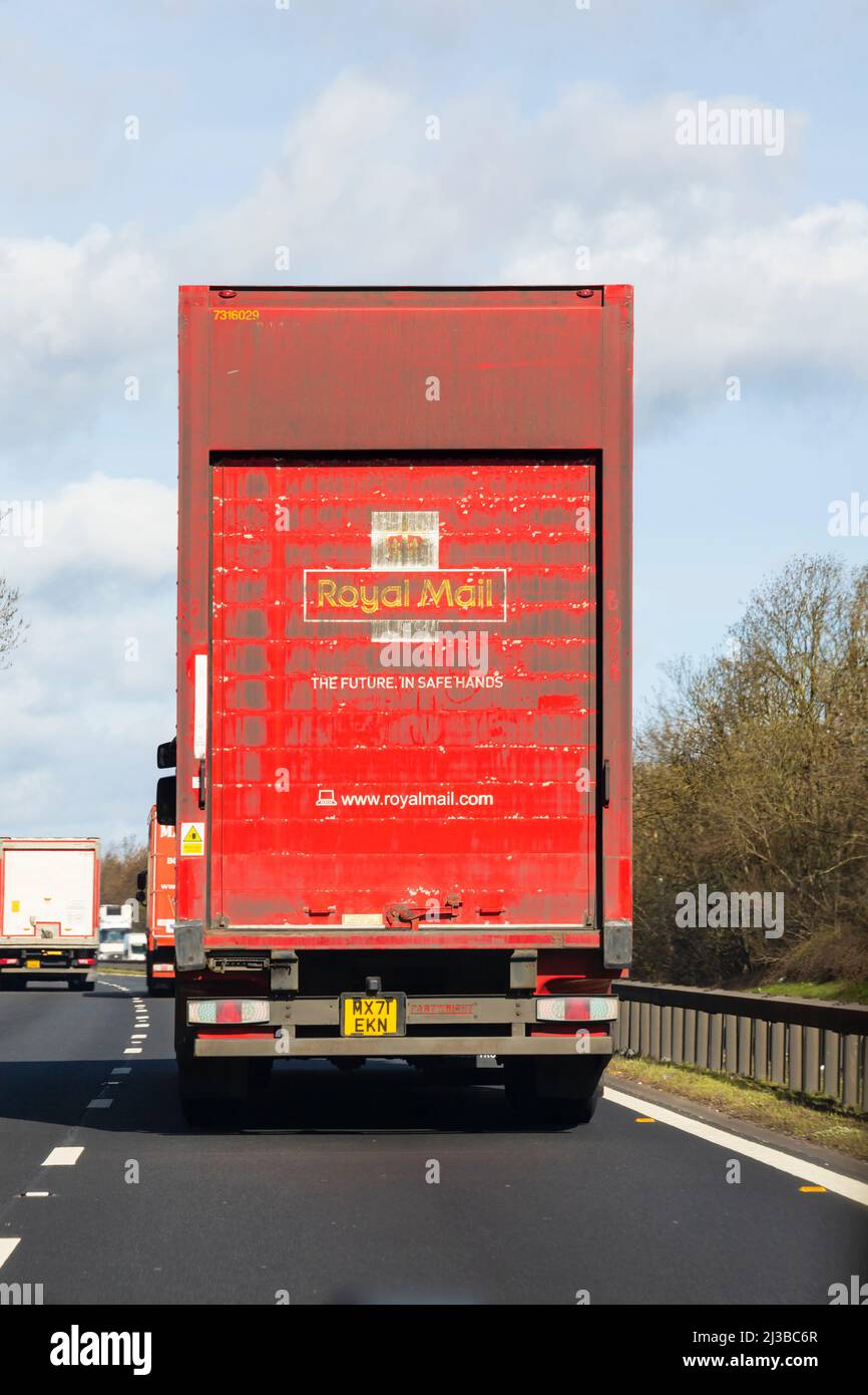 Red Royal Mail HGV delivery truck on the A1 northbound carriageway Stock Photo