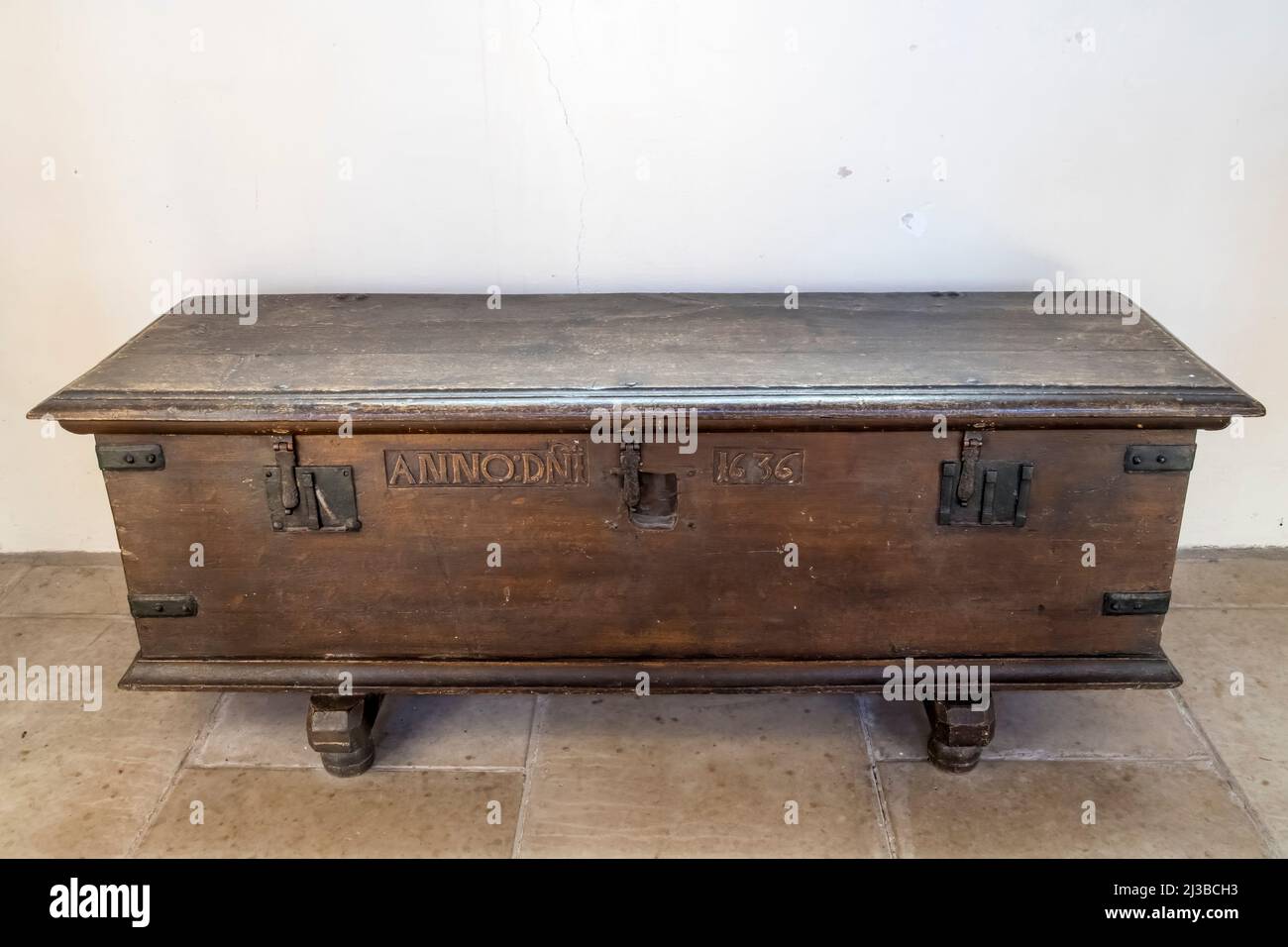 17th century parish chest in St James' church, Castle Acre, Norfolk. Stock Photo