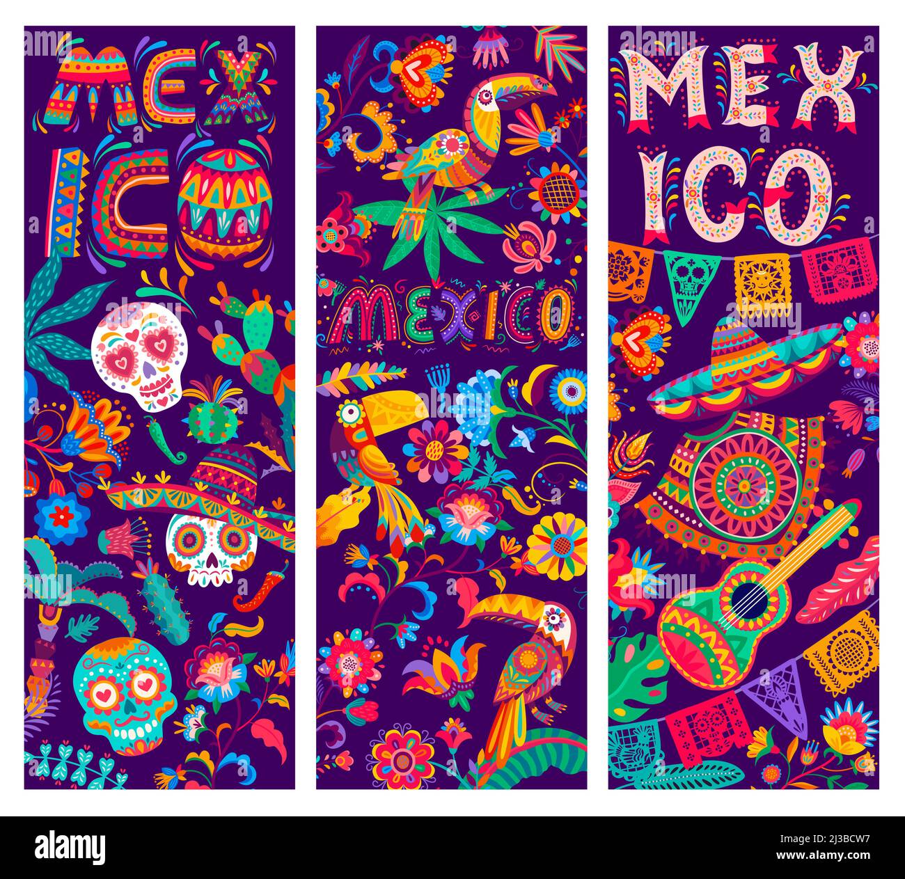 Mexican banners with calavera skulls, toucans, flowers and guitars