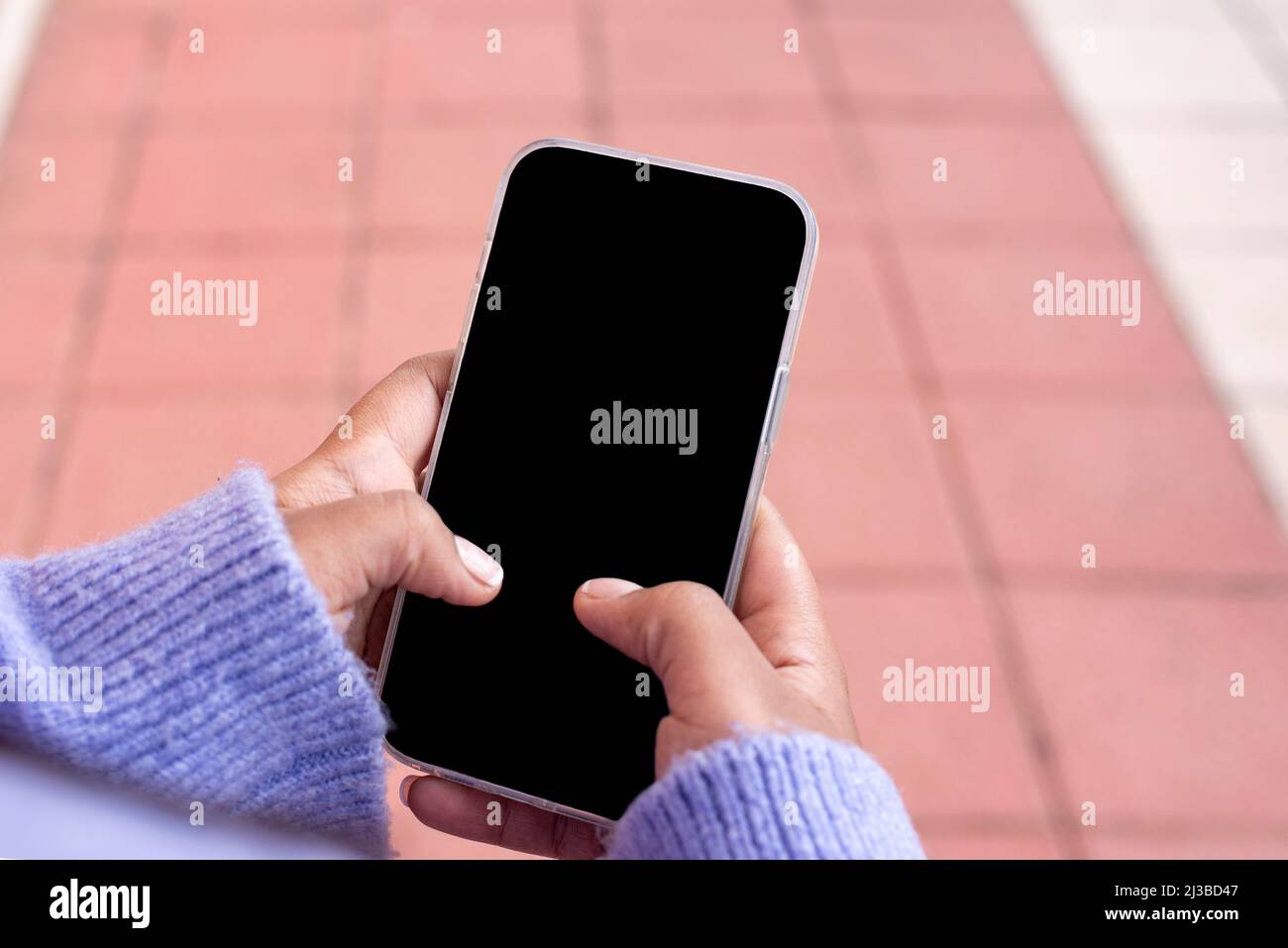 Unrecognizable African American Female Browsing Smartphone With Black Screen, Mockup Image Stock Photo