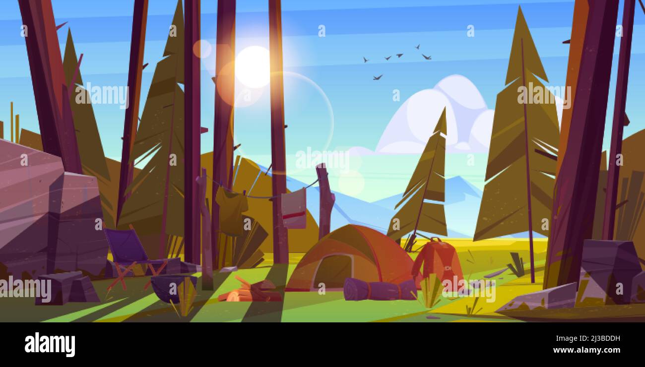 Camping tent with tourist stuff in forest, traveler camp with drying