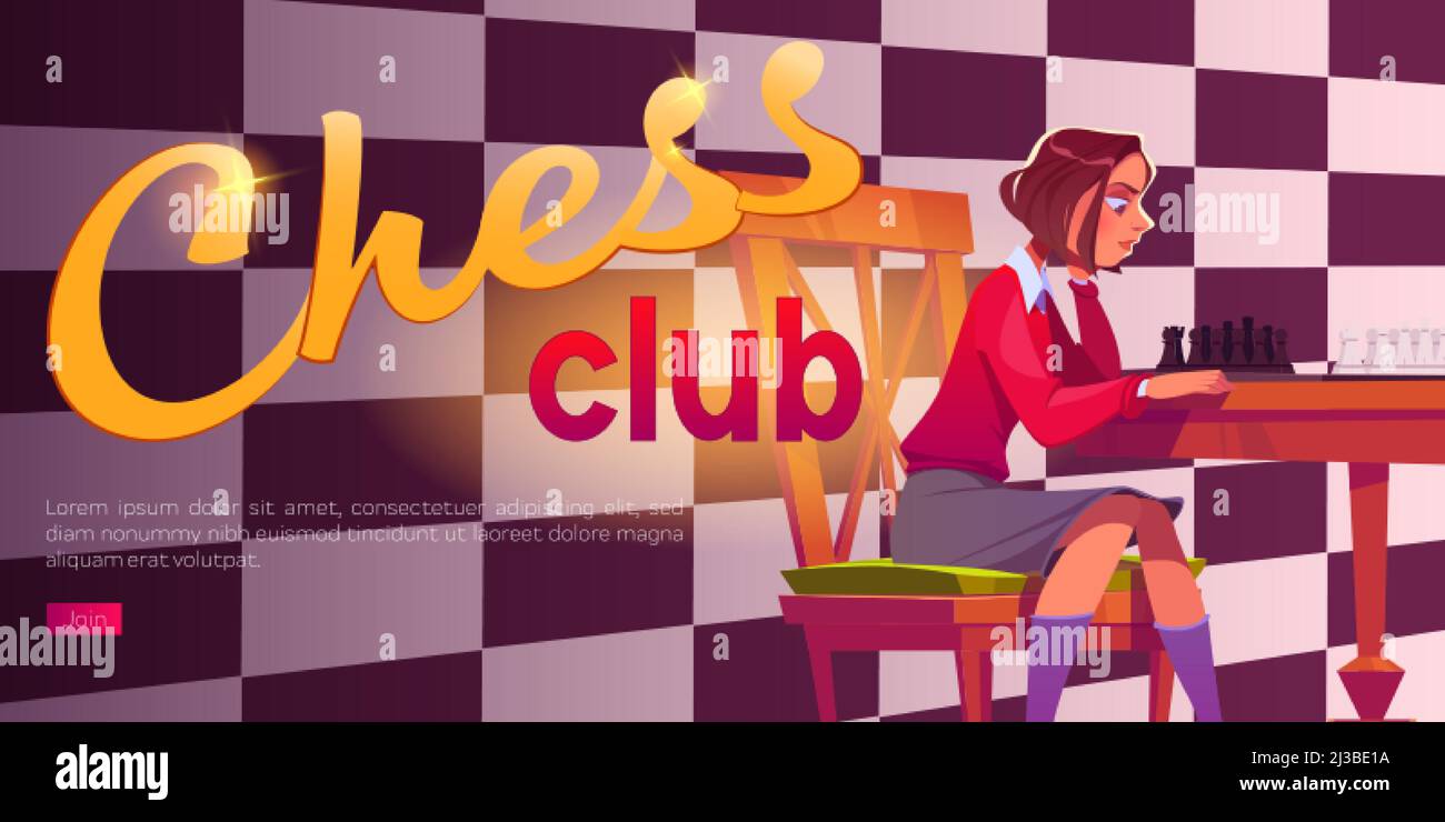 Chess club poster with girl plays board game with pieces. Vector banner with cartoon illustration of woman player sitting at table with chessboard on Stock Vector